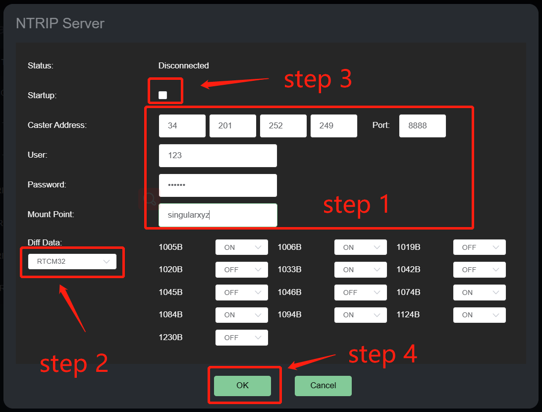 Az SV100 NTRIP Server cím-, hozzáférési-, RTCM- és indítási beállításai