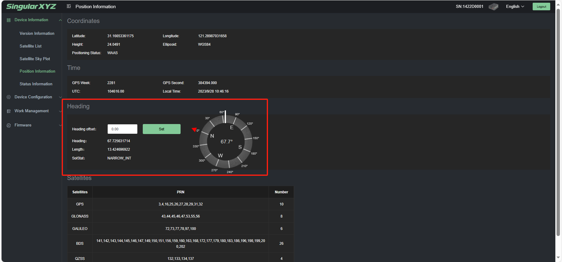 Az SV100 Dual irányadatai és iránytű-megjelenítése a webes felületen