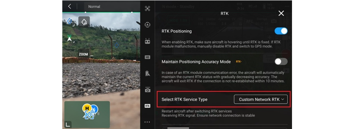Drón RTK-beállítások kiválasztott Custom Network RTK lehetőséggel
