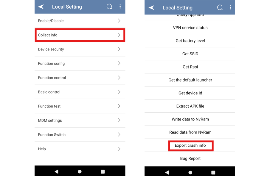 Local Setting menük összeomlási információk gyűjtéséhez és exportálásához