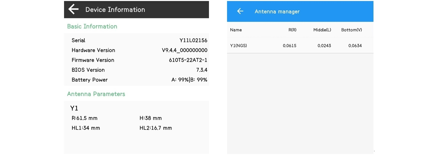Vevőantenna-paraméterek a Device Information és Antenna Manager felületeken