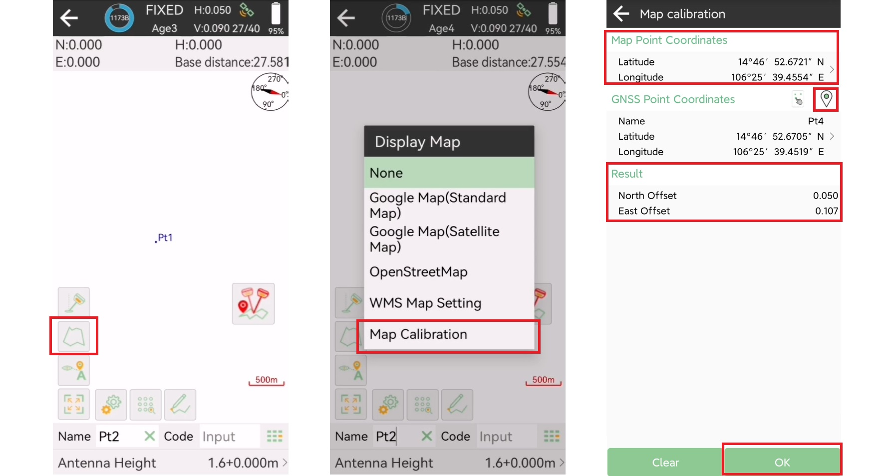 Térképi és GNSS-pontkoordináták összehasonlítása a Map Calibration funkcióban