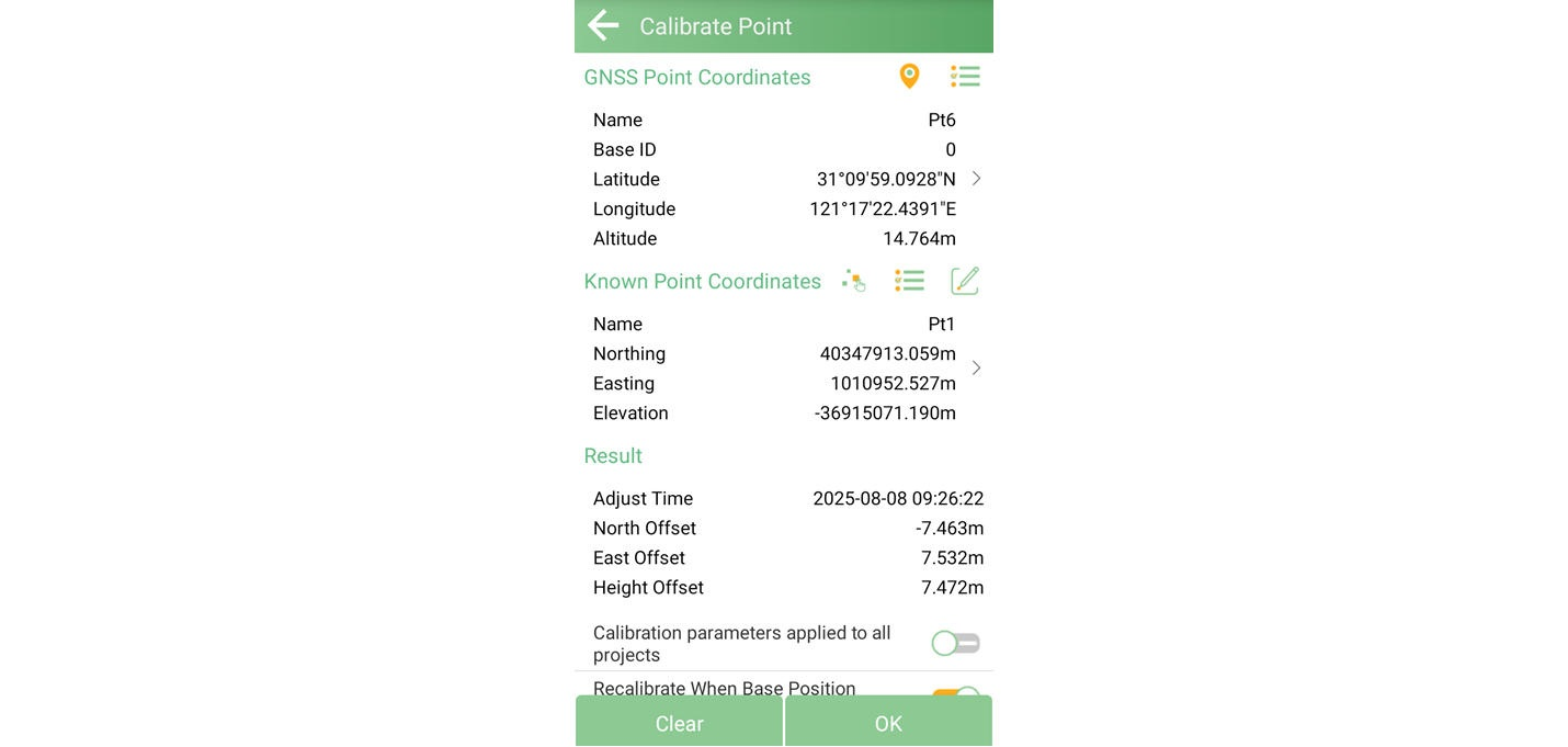 Calibrate Point panel mért és ismert koordinátákkal, valamint eltolásokkal