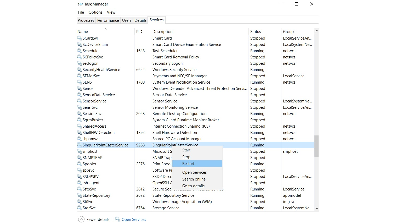 A SingularPointCasterService újraindítása a Windows Feladatkezelőben