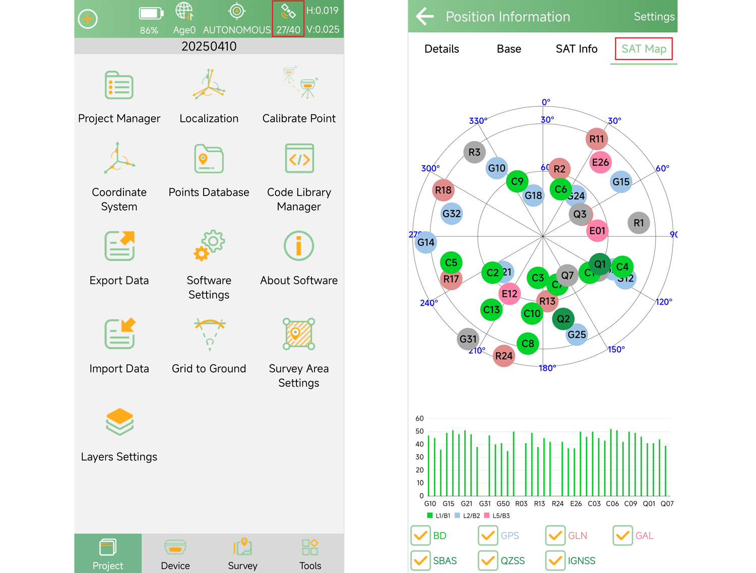 Opening the SingularPad satellite map with skyplot and signal bars