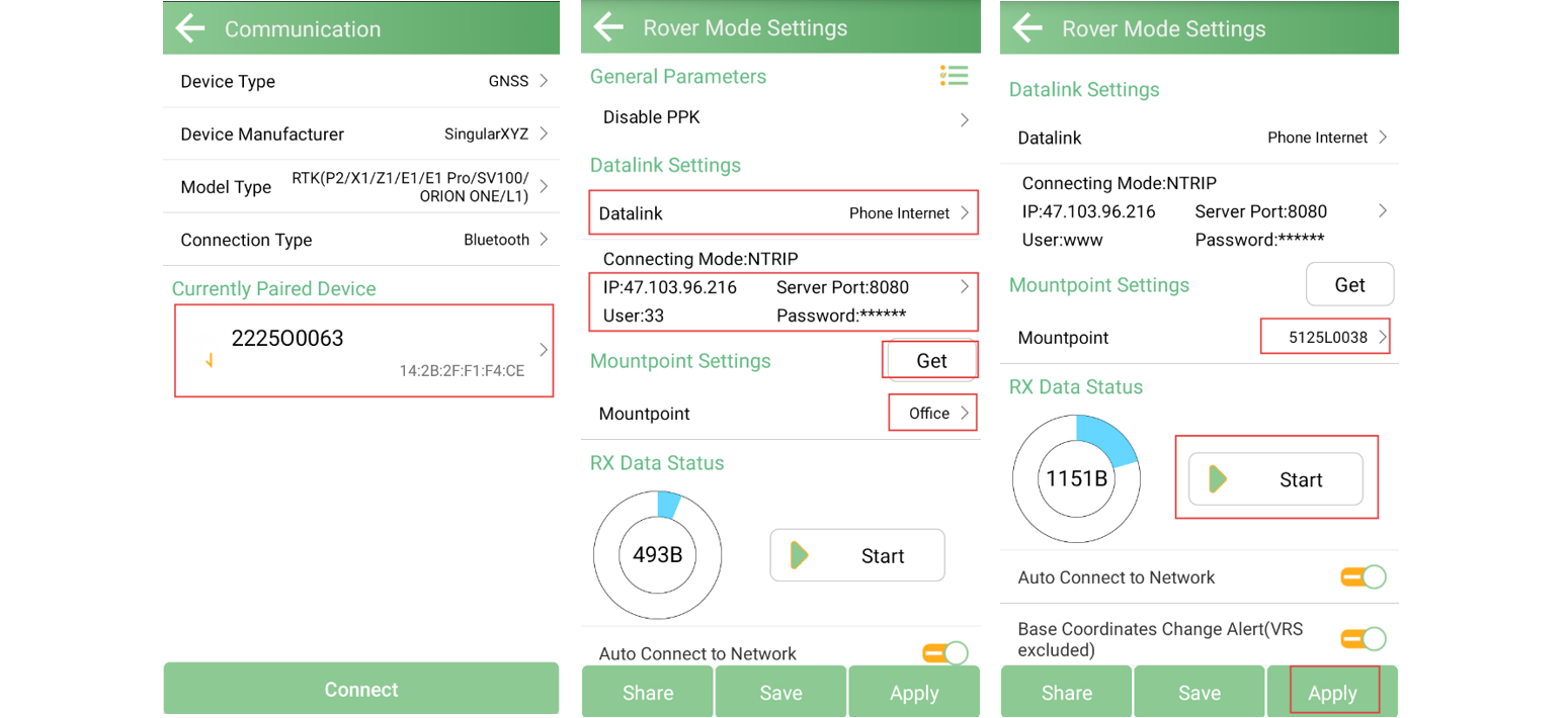 Rover connection and NTRIP mountpoint selection in SingularPad