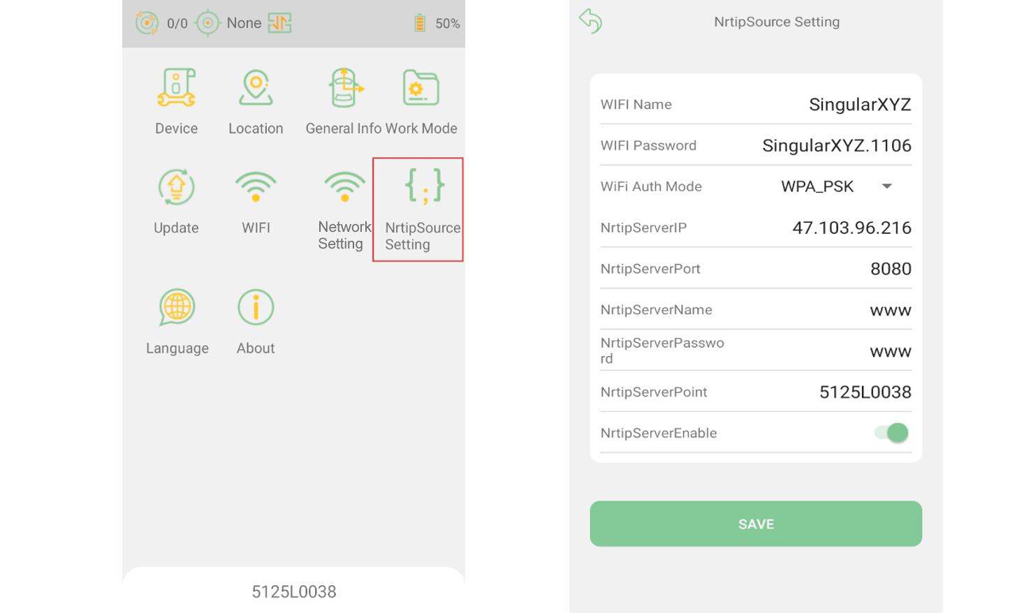 Wi-Fi and NTRIP source settings for the Z1 network base