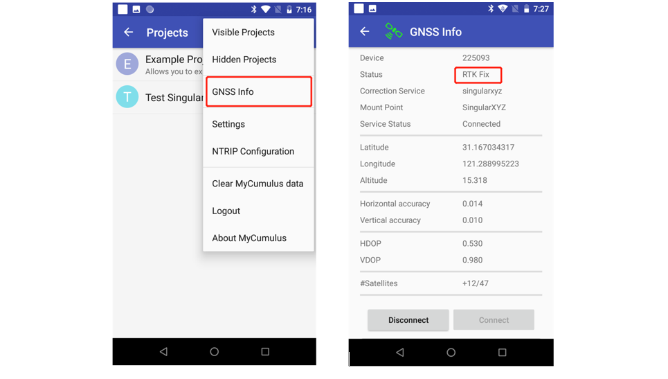 A MyCumulus GNSS-adatlapja RTK Fix állapottal
