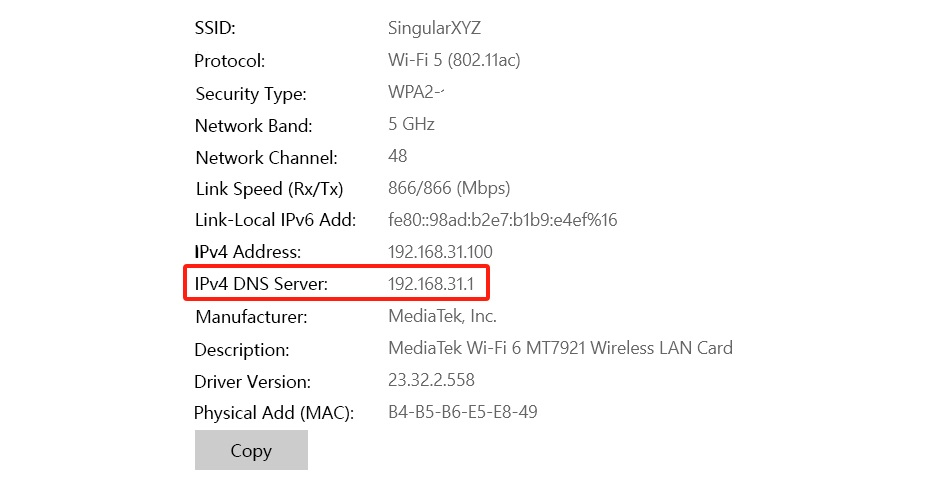 Windows-hálózati adatok az IPv4 DNS-kiszolgáló jelölésével
