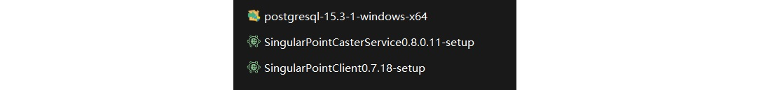 PostgreSQL-, SingularPointCasterService- és SingularPointClient-telepítőfájlok