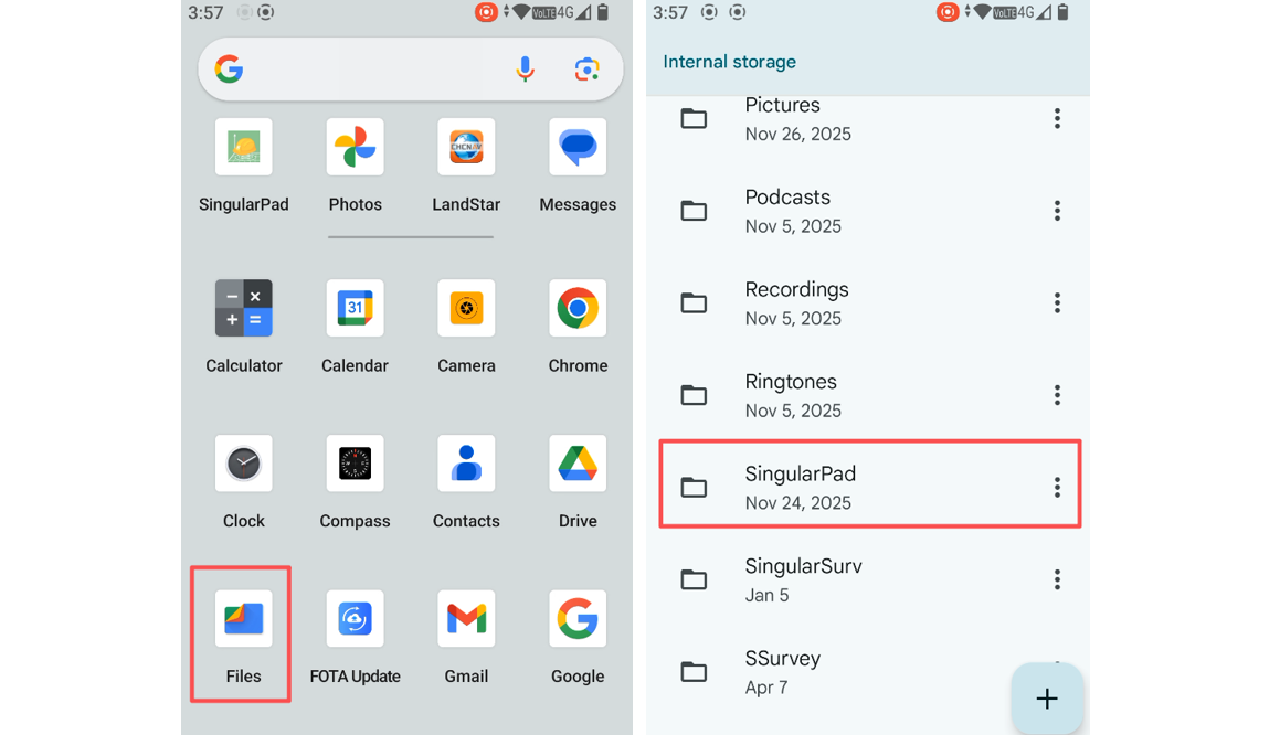 Locating the SingularPad folder in Android internal storage