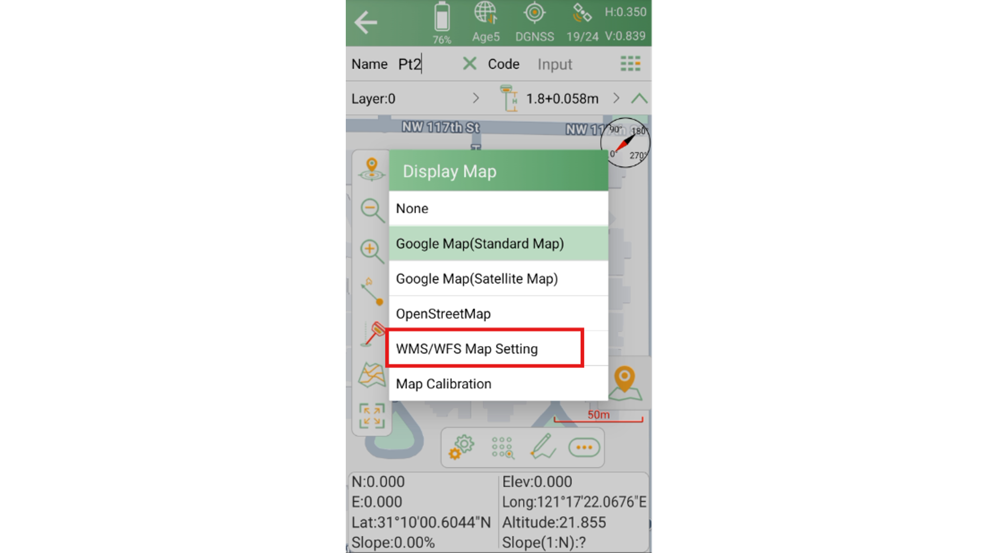 A WMS/WFS Map Setting kiválasztása a térképmenüben