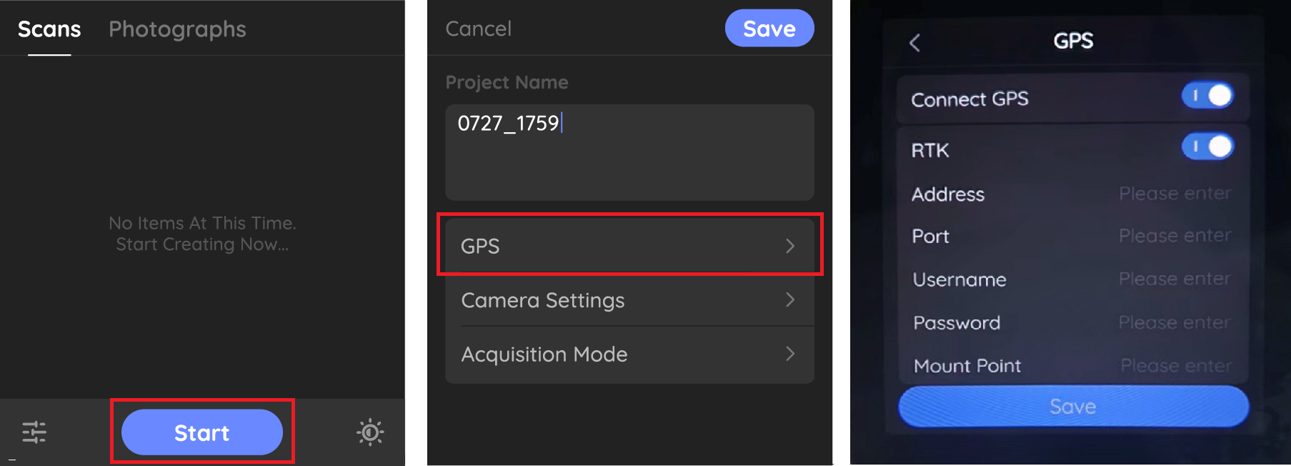 Starting an H1 project and entering GPS/RTK connection details