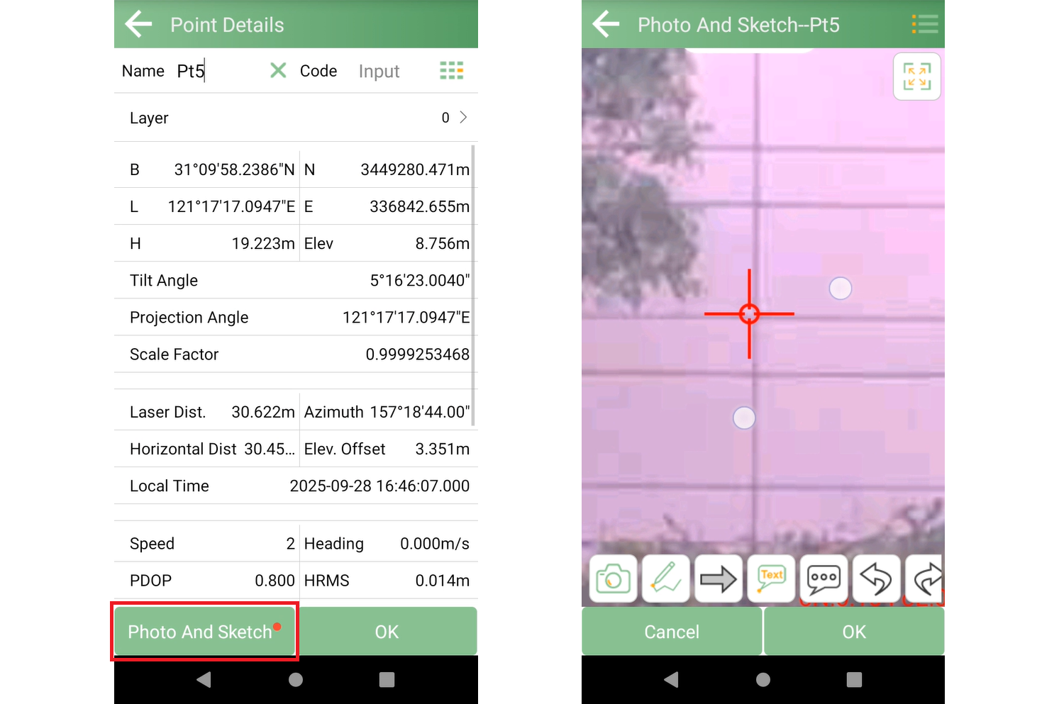 Laser point details and the associated Photo and Sketch view