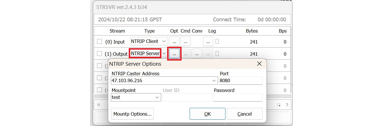 Az NTRIP Server kimeneti kapcsolat beállításai a STRSVR-ben