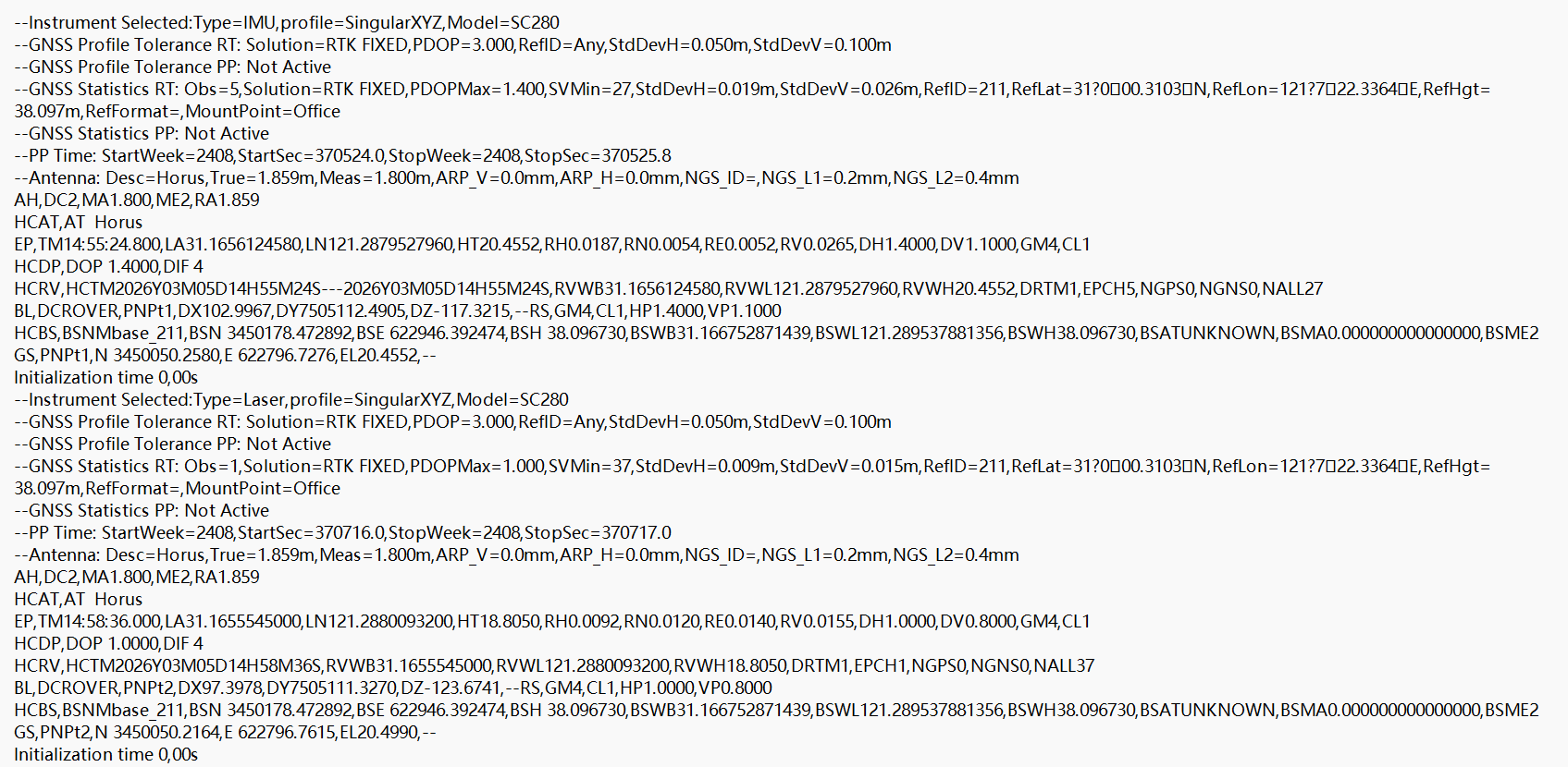 Example RAW survey file with GNSS observations and receiver settings