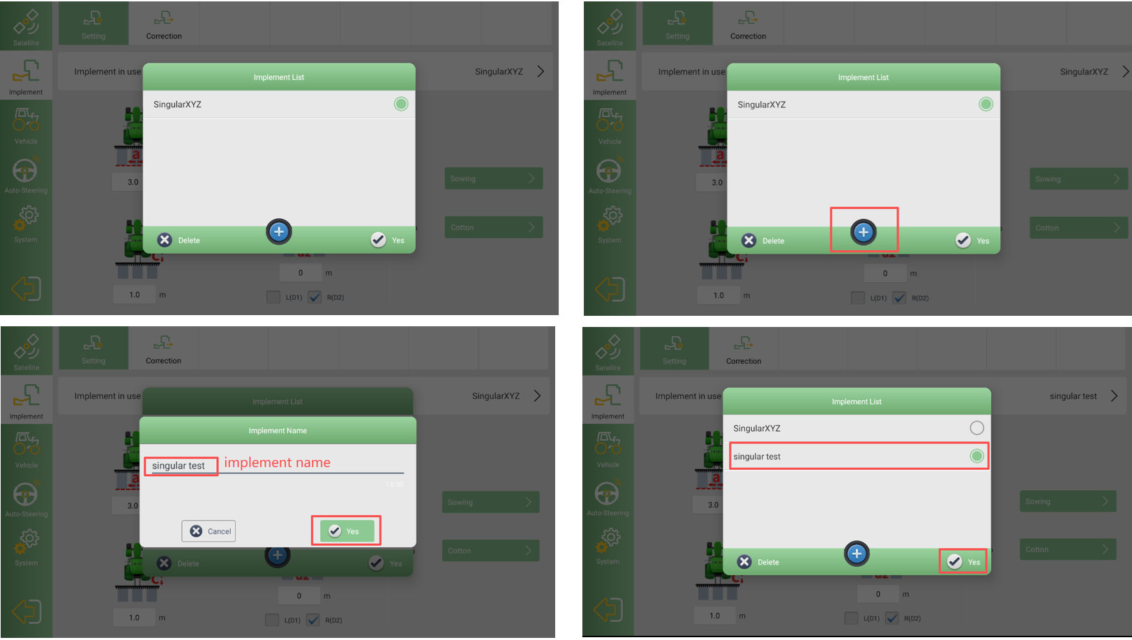 Adding and naming an implement in SAgro