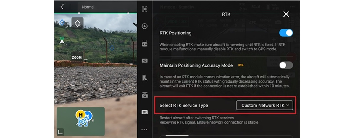 A Custom Network RTK kiválasztása a drónvezérlőn