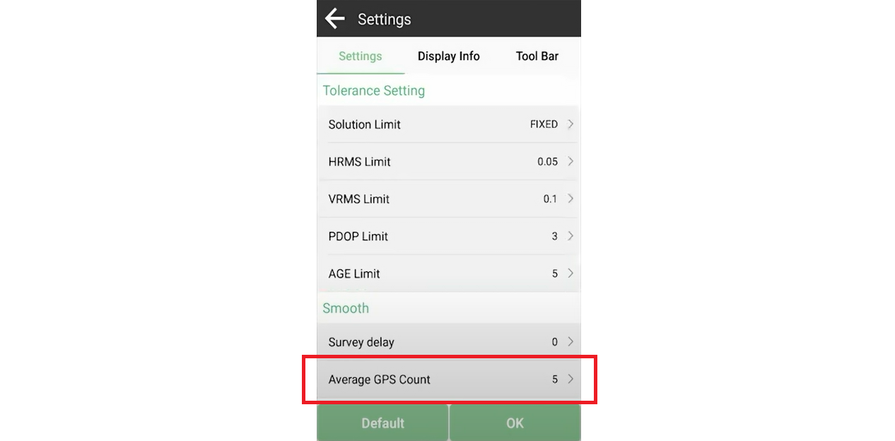 Az Average GPS Count kiemelve a SingularPad mérési beállításaiban