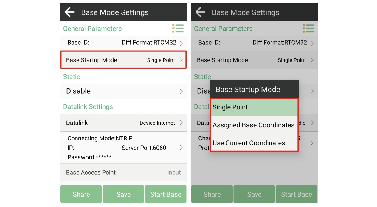 Selecting the base startup coordinate mode in SingularPad