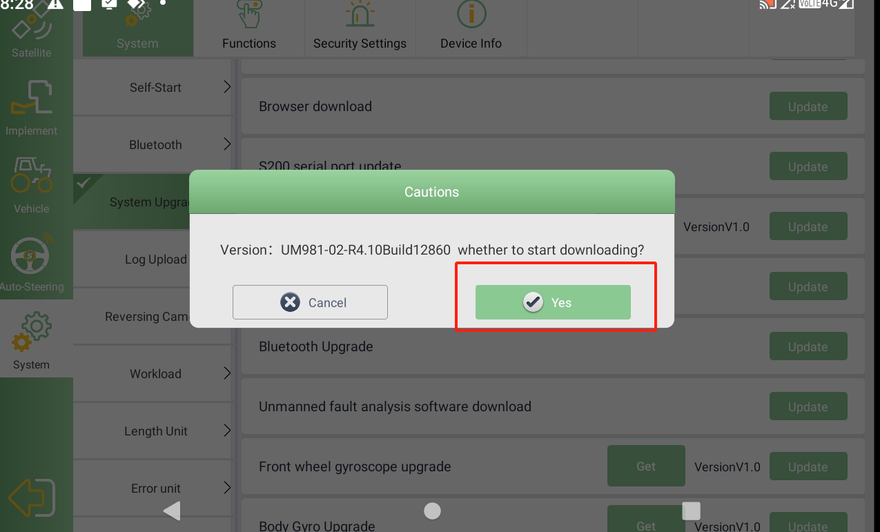 Megerősítő ablak a GNSS-panel firmware-ének letöltéséhez
