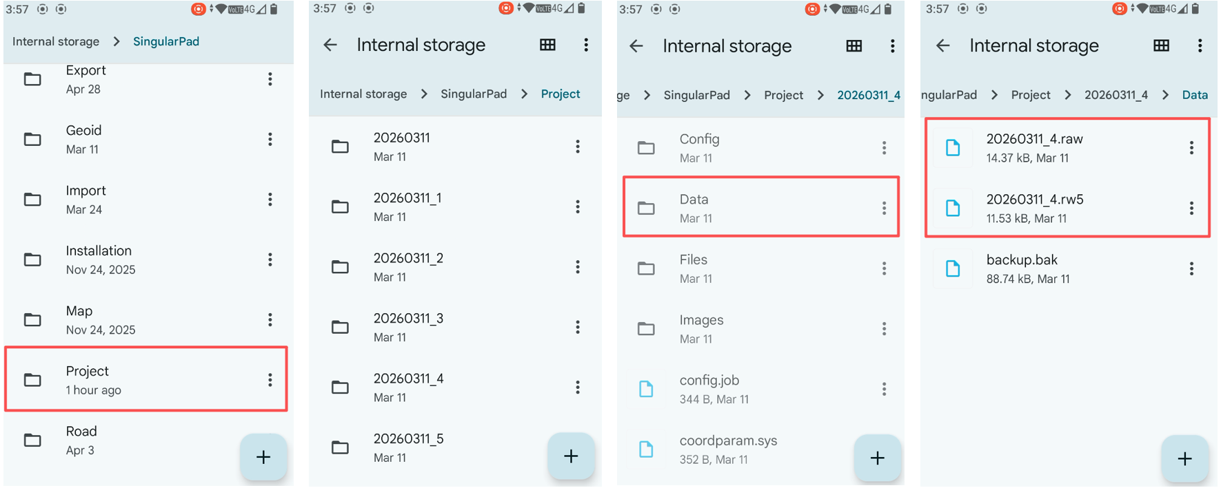 Navigating to the project's Data folder and RAW/RW5 files