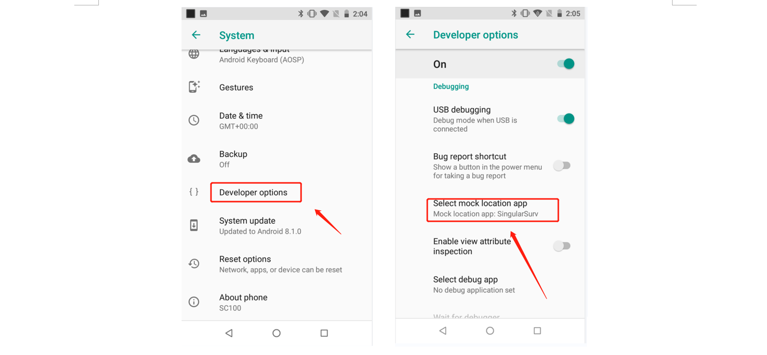Helyutánzó alkalmazás kiválasztása az Android fejlesztői beállításaiban