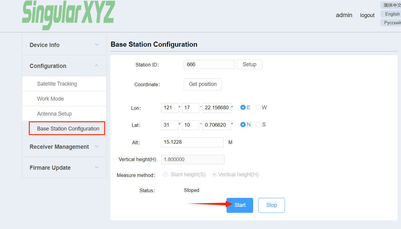 Y1 Base Station Configuration koordinátákkal és indítási vezérlővel