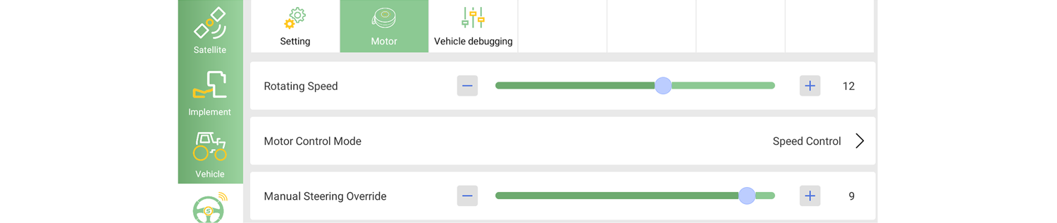 A SAgro motorsebesség- és kézi kormányzásátvételi beállításai