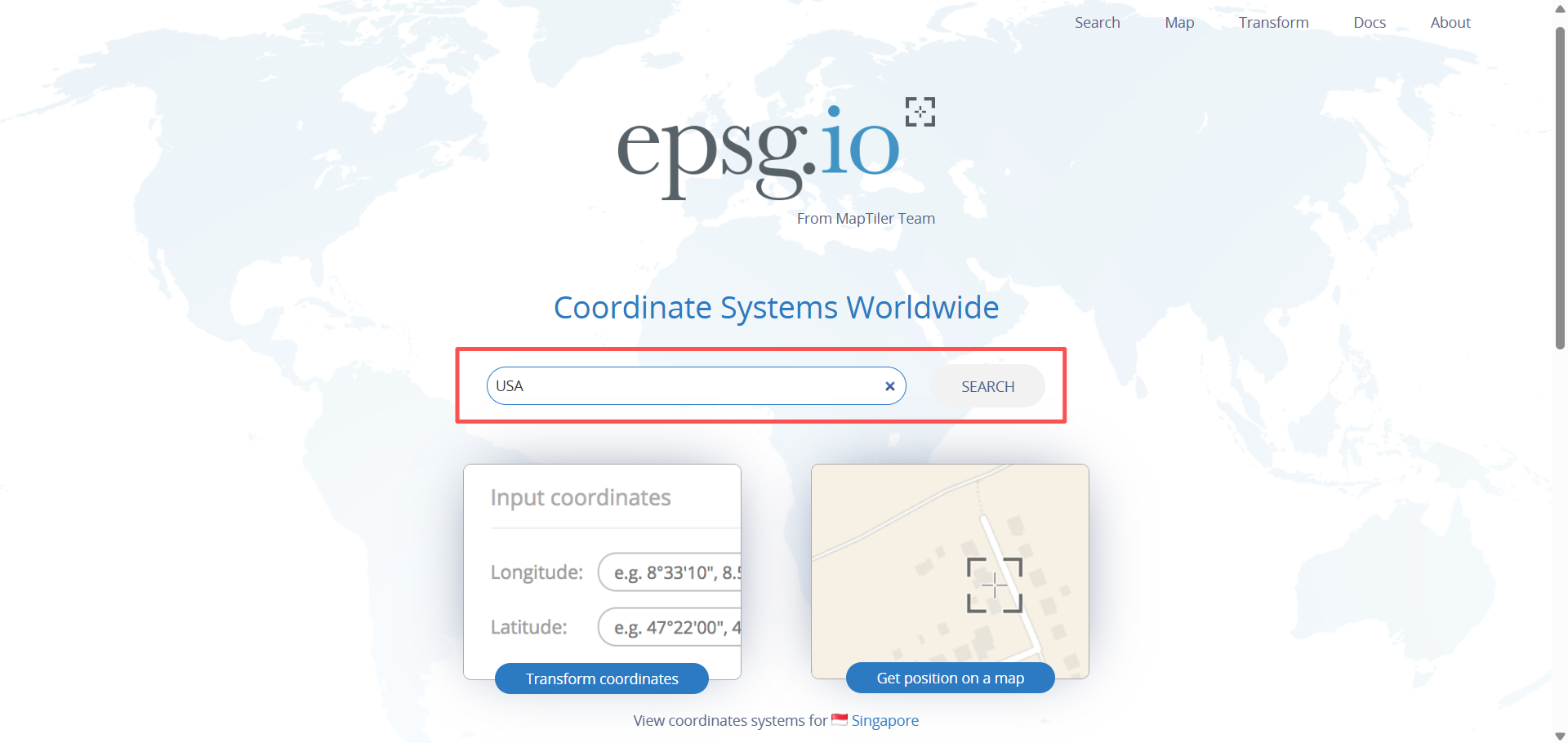 Keresőkifejezés megadása az EPSG.io oldalon