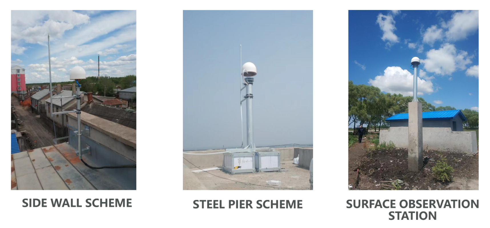 Oldalfali, acélpilléres és talajra telepített GNSS-antennák