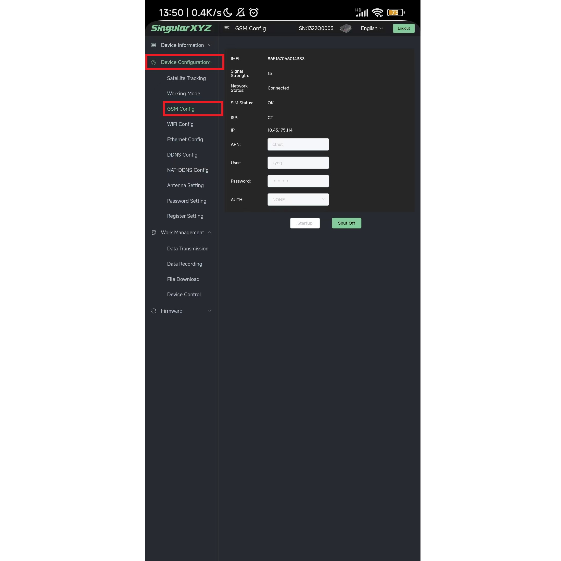 Antennamagasság és -típus az SV100 mobilos webes felületén